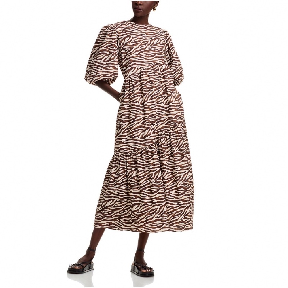 The Lulo Project Armenia Dress Brown Zebra Print Tiered Midi Puff Sleeve Medium‎